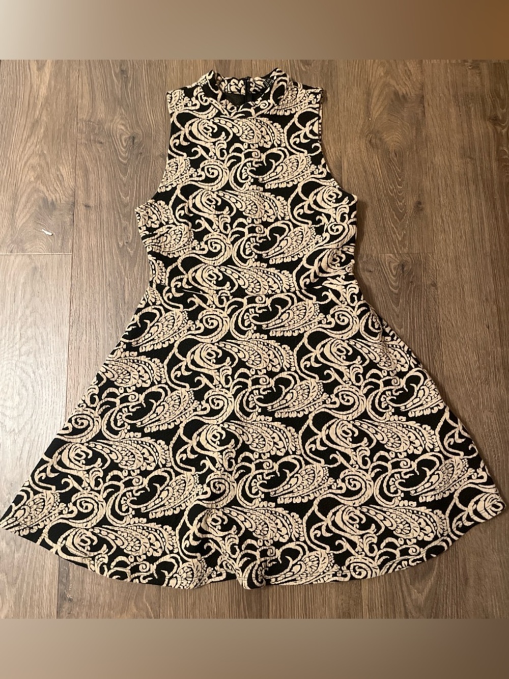 Sleeveless Black & Tan Paisley Fit-and-Flare Dress